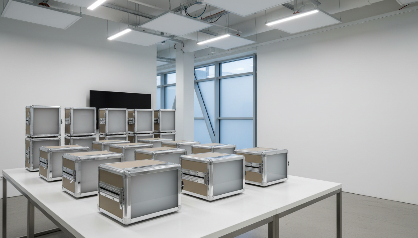 A set of glossy, neutral-colored cinema lighting panels with brushed chrome casings and frosted glass diffusers, arranged in a precise, symmetric layout on a crisp white table within an ultra-modern equipment demo space. Refined, cool-toned overhead studio lighting highlights the structured form and casts gentle reflections along the chrome edges, enhancing the clean and orderly atmosphere. The overall mood feels purposeful and sophisticated. Shot at an eye-level angle using the rule of thirds, the image features balanced negative space to emphasize professionalism and product clarity. Artistic style embraces minimalist photographic realism, ensuring a polished, corporate look that suits a professional movie equipment retail environment.