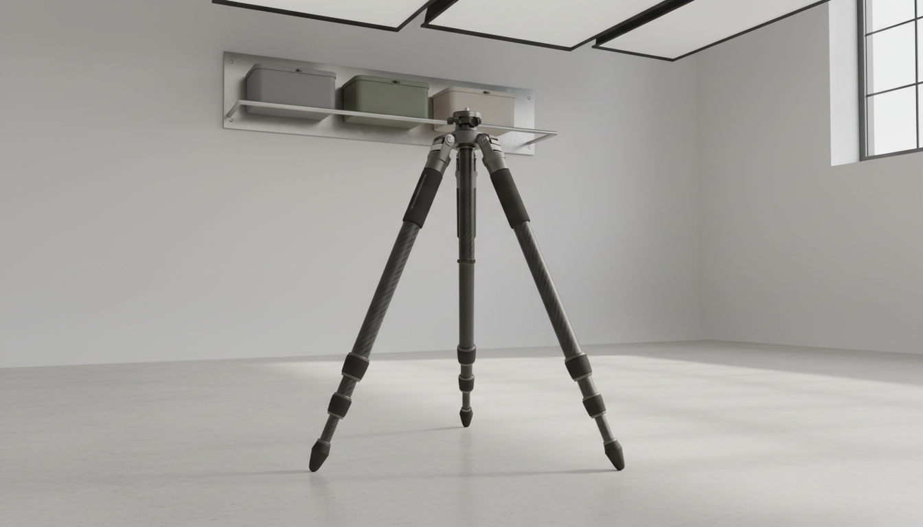 An elegant, matte-finished carbon fiber tripod with precision-machined metal joints and soft, rubberized feet. The tripod stands neatly on a smooth, pale concrete studio floor, positioned beneath a wall-mounted rack displaying minimalist storage cases in soft greys and muted tones. Overhead daylight creates crisp, linear highlights along the tripod’s contours while maintaining smooth, shadowless illumination that underscores the product's shape. The composition is centered, shot from a slightly low, upward angle to impart a sense of strength and reliability. Overall, the mood is structured and methodical, with a modern, photographic style and a strong corporate sensibility tailored for a cutting-edge movie equipment storefront.